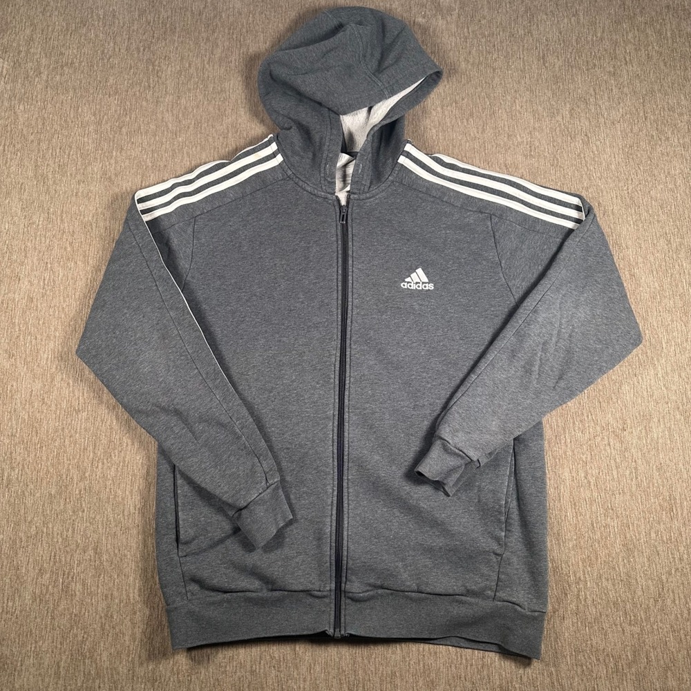 Adidas Mens Full Zip Hoodie Gray White 3-Stripe Active Sweatshirt Size Medium